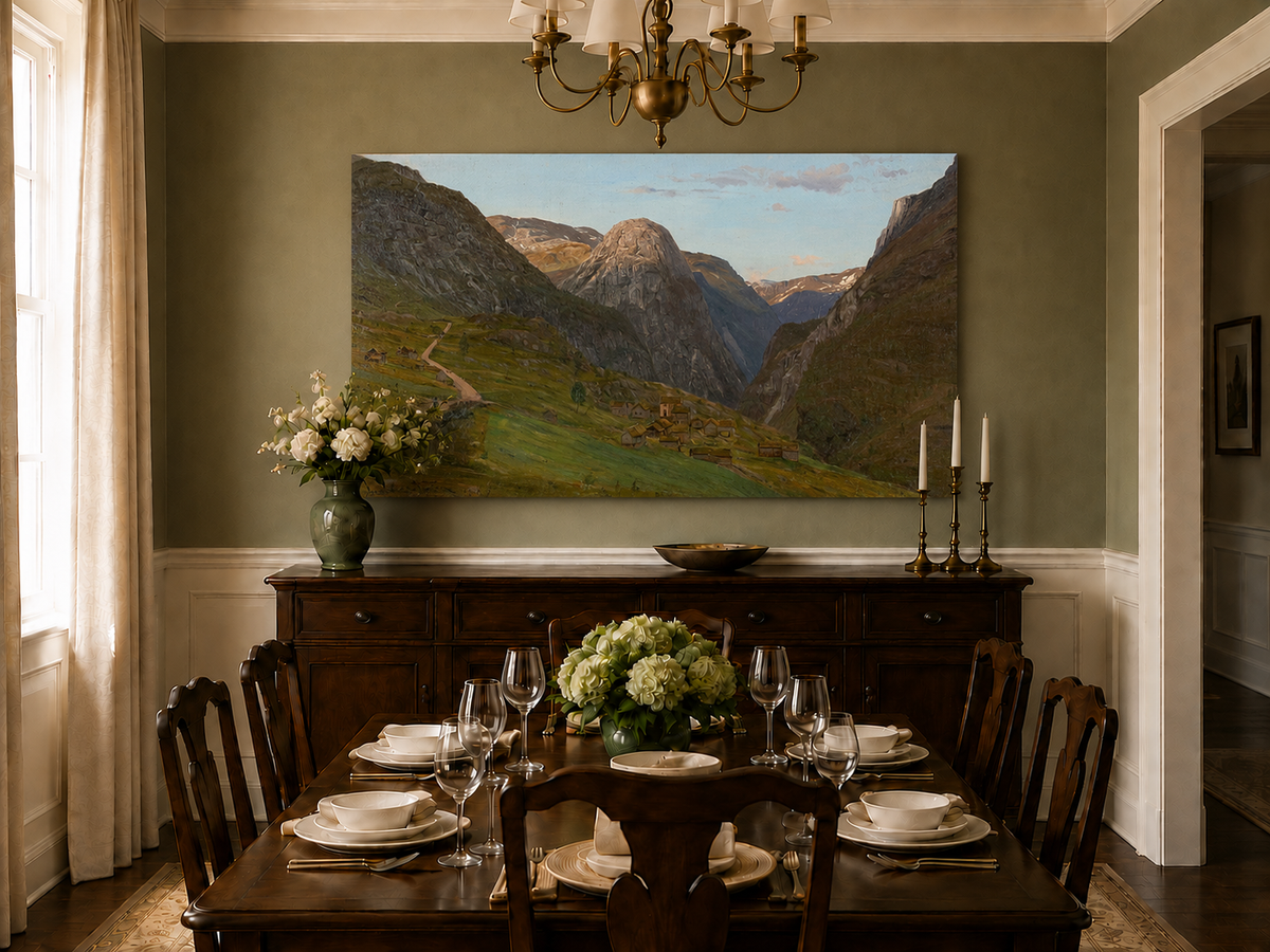 Landscape Oil Painting - Mountain Valley Village and Winding Road