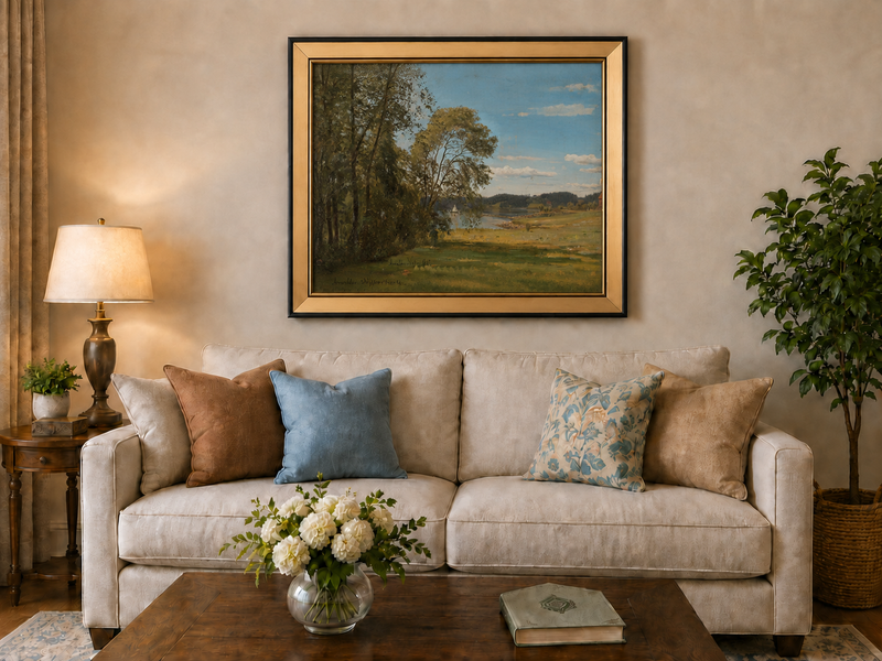 Landscape Oil Painting - Peaceful Riverside Meadow & Distant