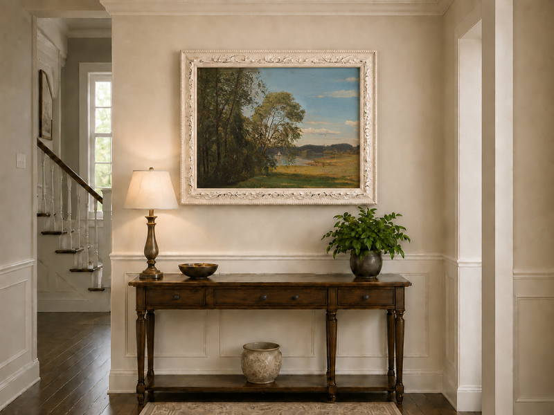Landscape Oil Painting - Peaceful Riverside Meadow & Distant