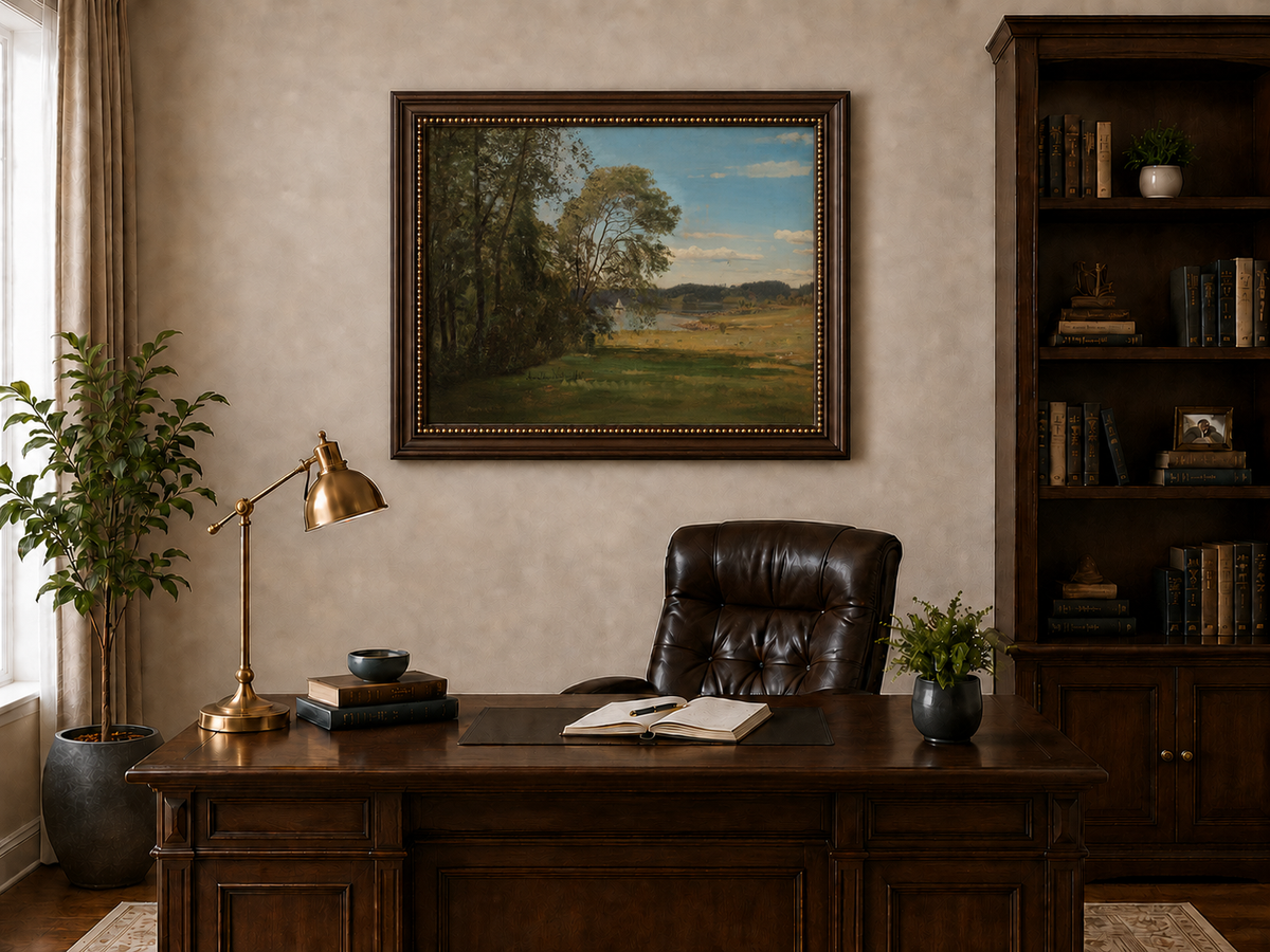 Landscape Oil Painting - Peaceful Riverside Meadow & Distant