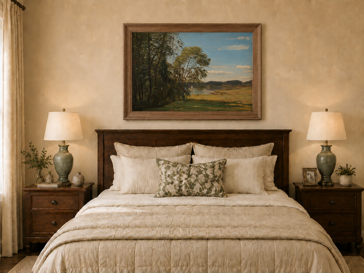 Landscape Oil Painting - Peaceful Riverside Meadow & Distant