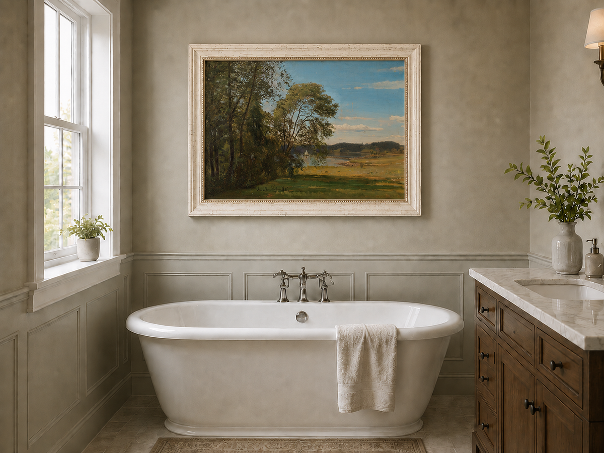 Landscape Oil Painting - Peaceful Riverside Meadow & Distant
