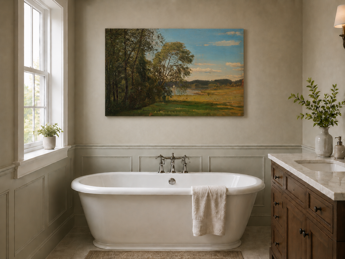 Landscape Oil Painting - Peaceful Riverside Meadow & Distant