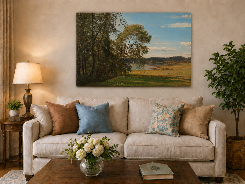 Landscape Oil Painting - Peaceful Riverside Meadow & Distant