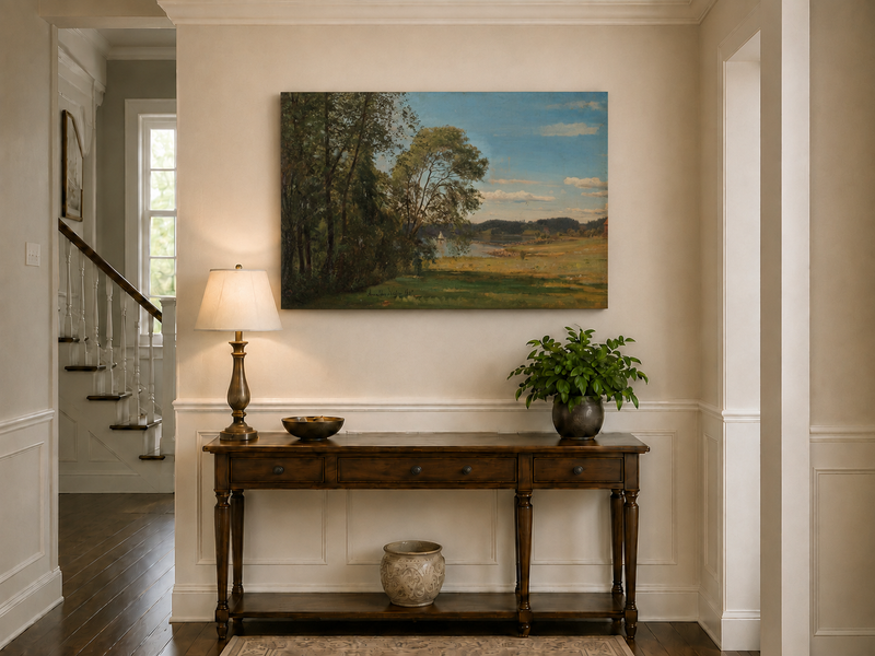 Landscape Oil Painting - Peaceful Riverside Meadow & Distant