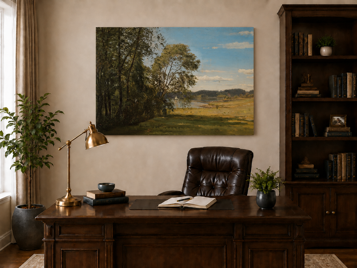 Landscape Oil Painting - Peaceful Riverside Meadow & Distant