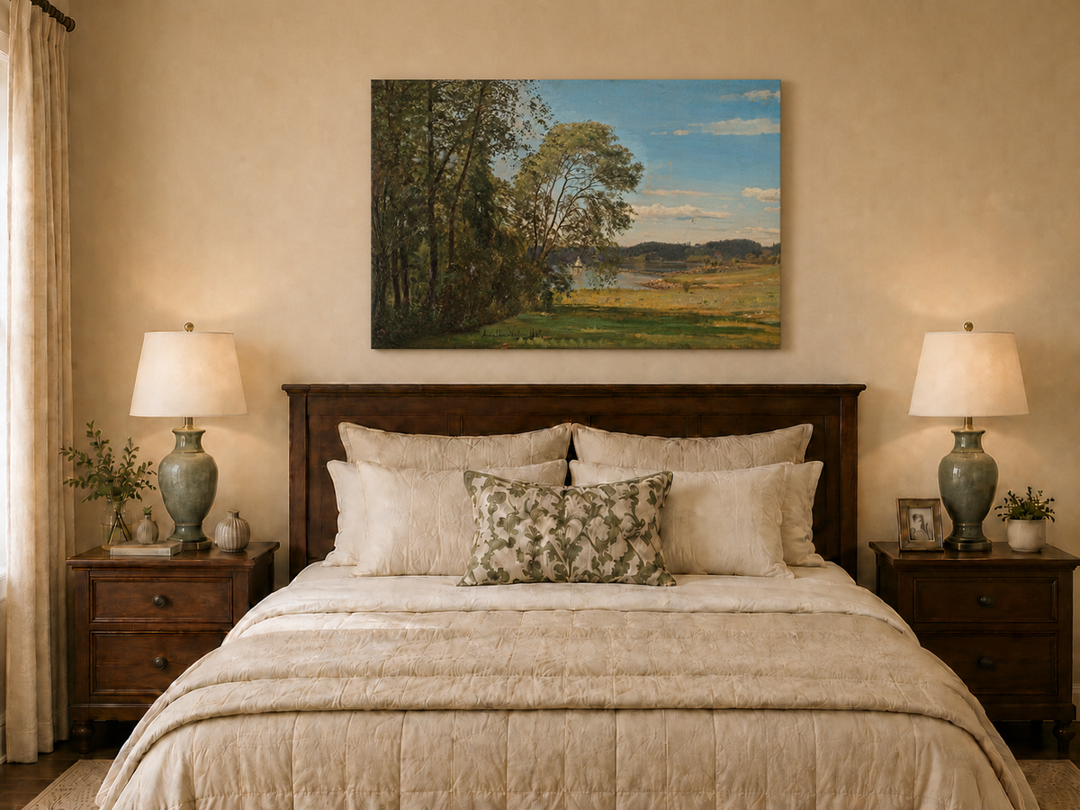 Landscape Oil Painting - Peaceful Riverside Meadow & Distant