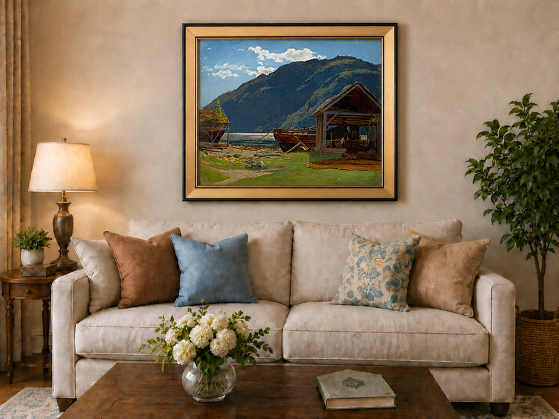 Landscape Oil Painting - Mountain Lakeside Boat Yard Scene