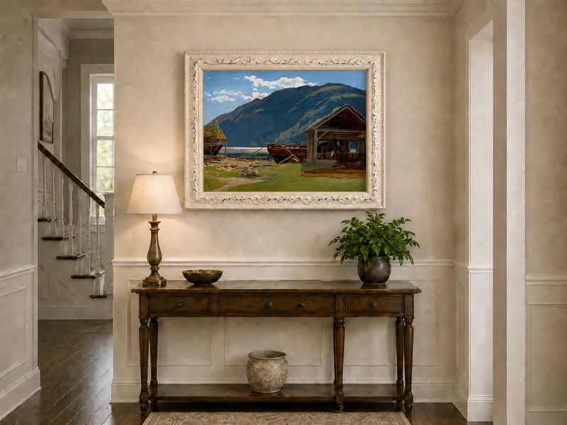 Landscape Oil Painting - Mountain Lakeside Boat Yard Scene