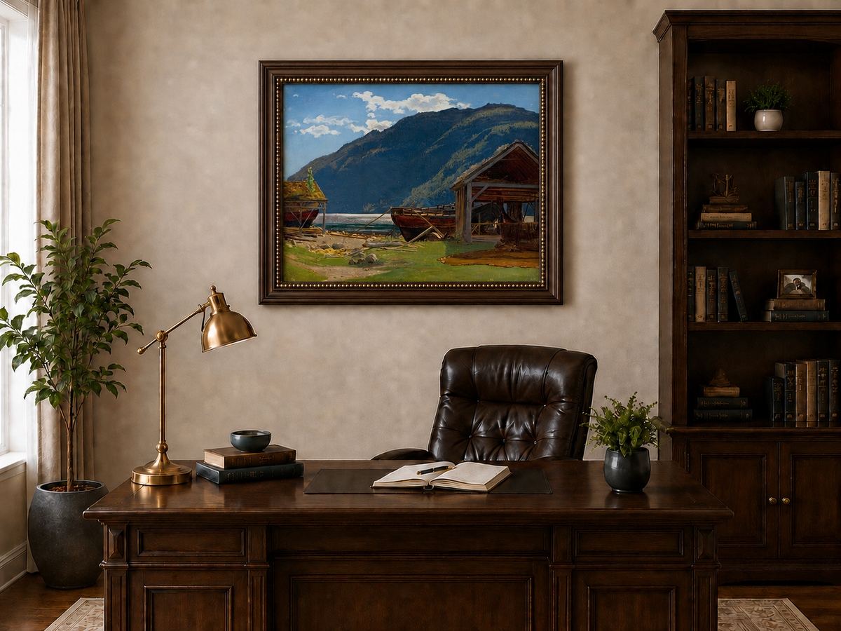 Landscape Oil Painting - Mountain Lakeside Boat Yard Scene