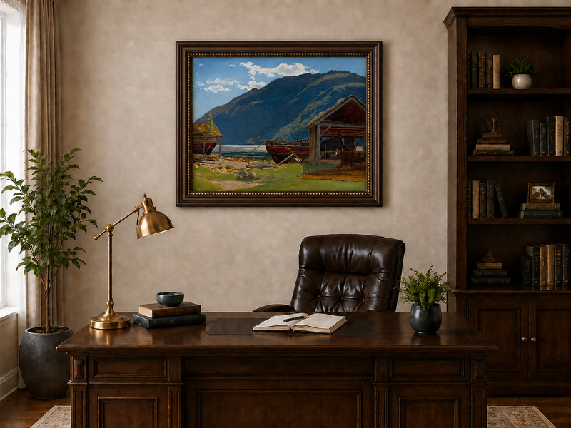 Landscape Oil Painting - Mountain Lakeside Boat Yard Scene