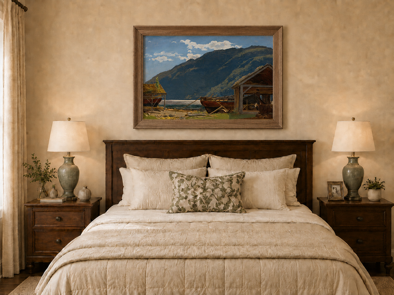 Landscape Oil Painting - Mountain Lakeside Boat Yard Scene