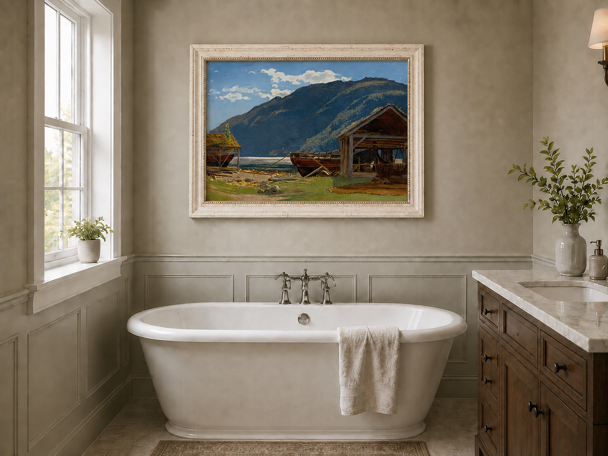 Landscape Oil Painting - Mountain Lakeside Boat Yard Scene