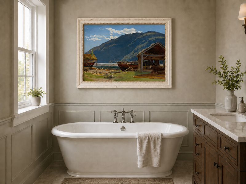 Landscape Oil Painting - Mountain Lakeside Boat Yard Scene