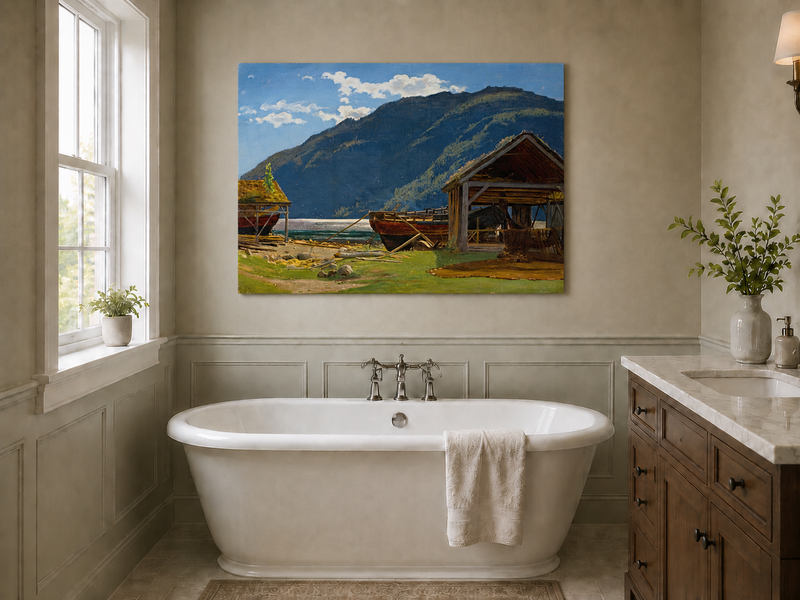 Landscape Oil Painting - Mountain Lakeside Boat Yard Scene