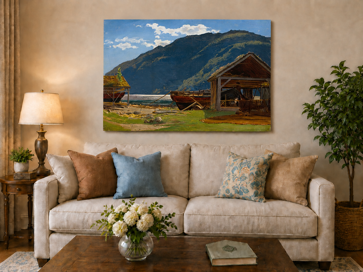 Landscape Oil Painting - Mountain Lakeside Boat Yard Scene