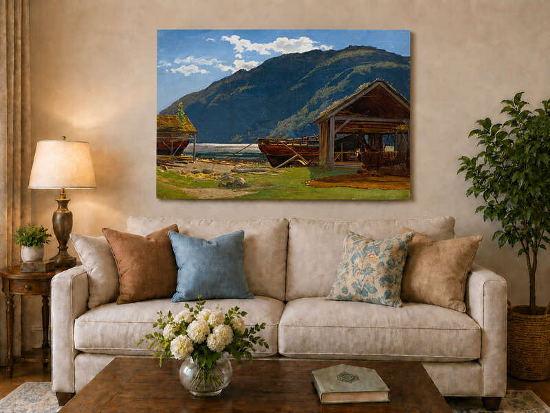 Landscape Oil Painting - Mountain Lakeside Boat Yard Scene