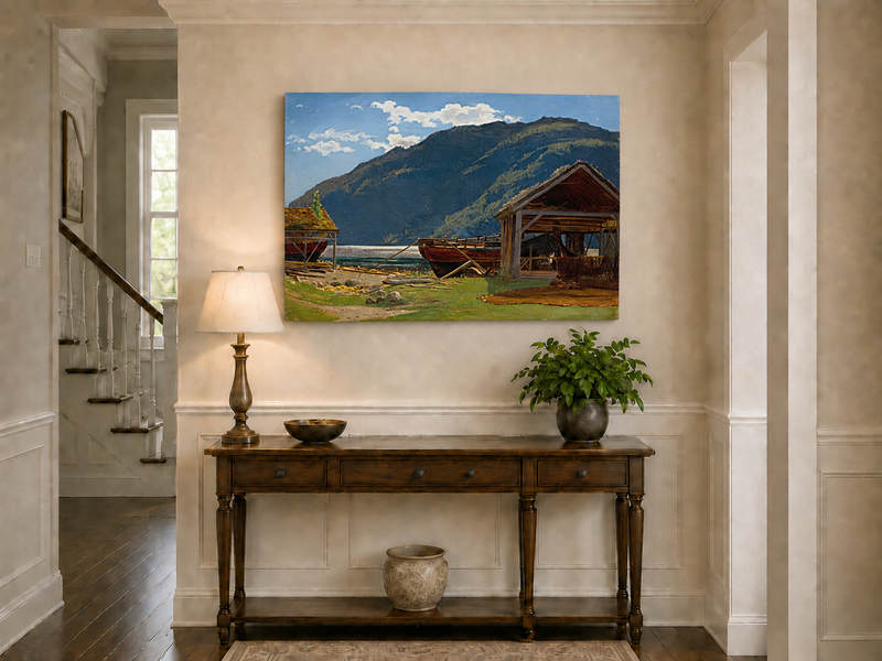 Landscape Oil Painting - Mountain Lakeside Boat Yard Scene