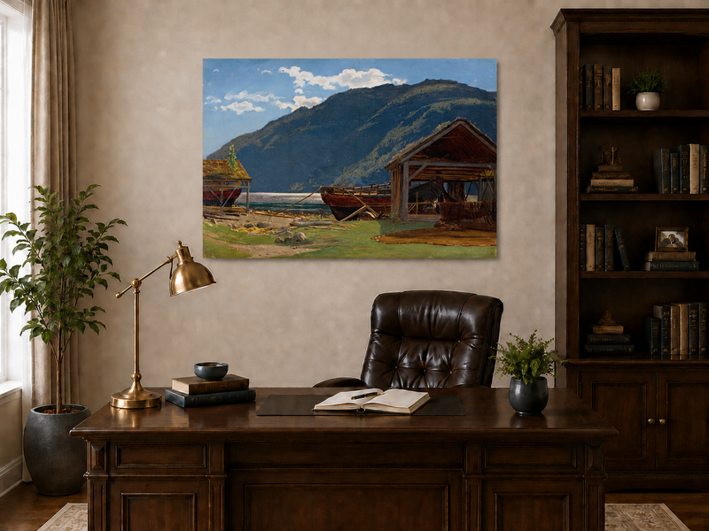 Landscape Oil Painting - Mountain Lakeside Boat Yard Scene
