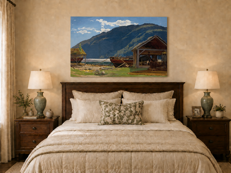 Landscape Oil Painting - Mountain Lakeside Boat Yard Scene