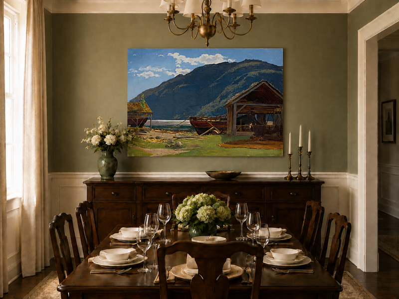 Landscape Oil Painting - Mountain Lakeside Boat Yard Scene
