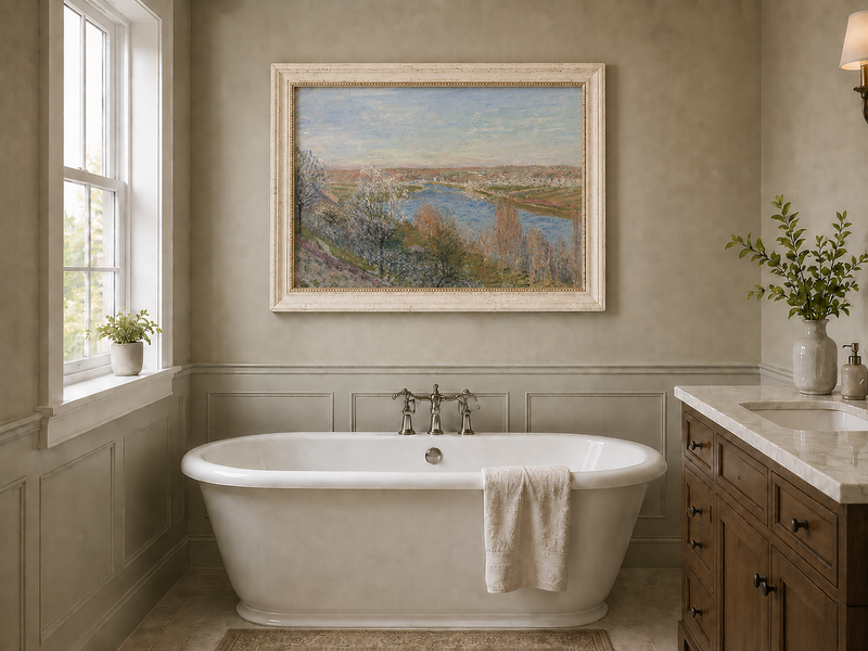Landscape Oil Painting - Spring River Valley Blossoming Trees