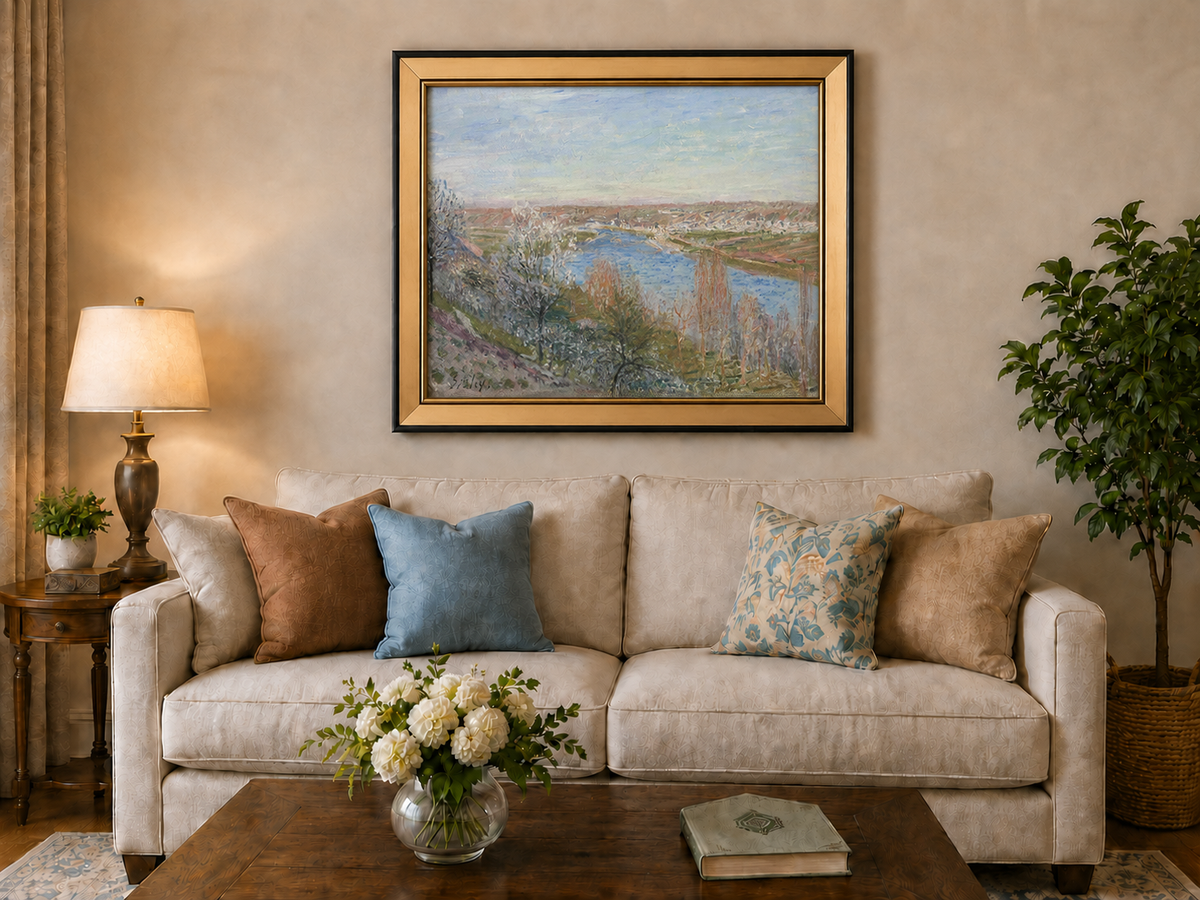 Landscape Oil Painting - Spring River Valley Blossoming Trees