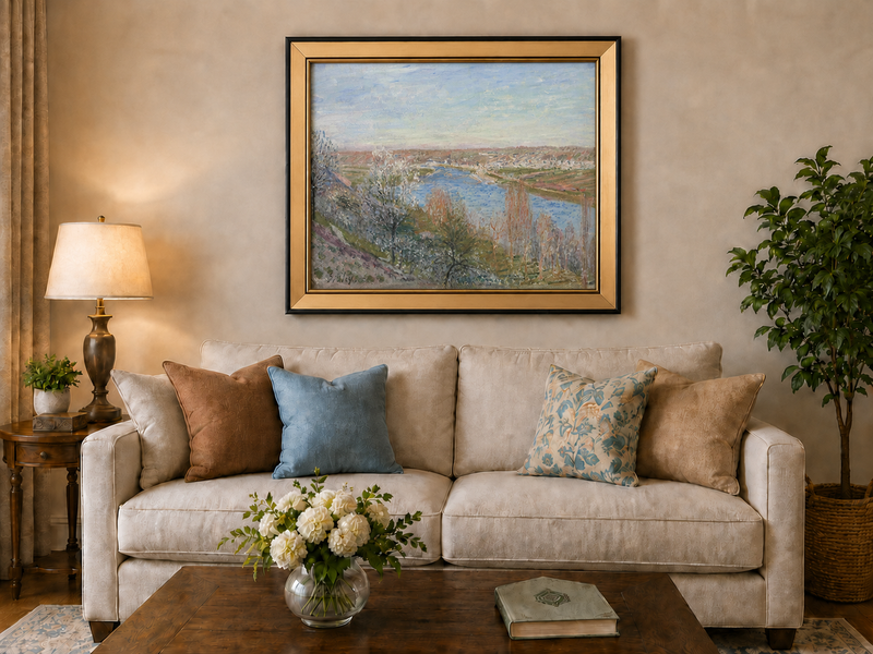 Landscape Oil Painting - Spring River Valley Blossoming Trees