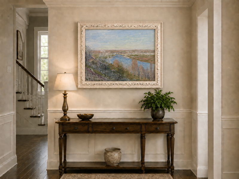 Landscape Oil Painting - Spring River Valley Blossoming Trees