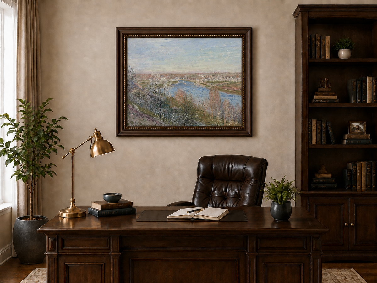 Landscape Oil Painting - Spring River Valley Blossoming Trees