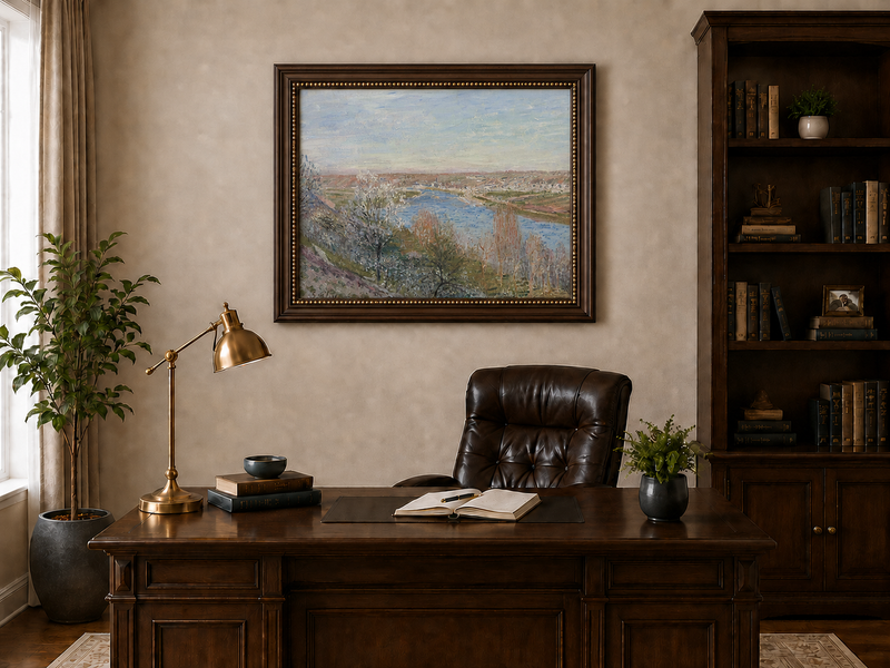 Landscape Oil Painting - Spring River Valley Blossoming Trees