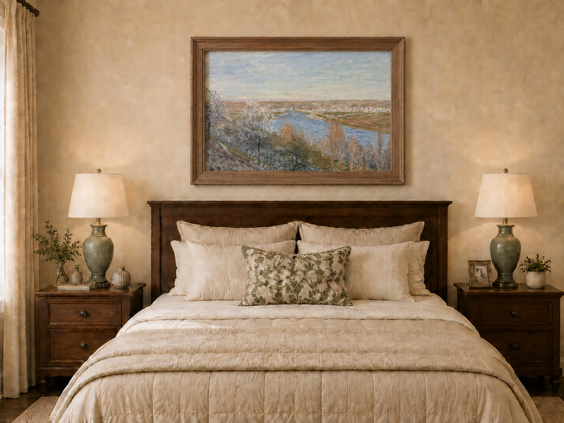 Landscape Oil Painting - Spring River Valley Blossoming Trees