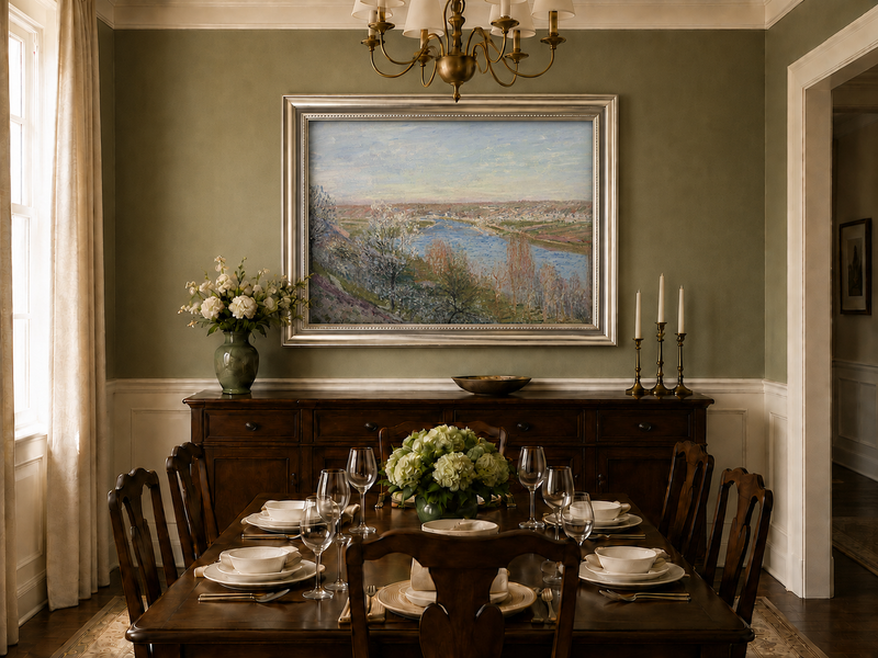 Landscape Oil Painting - Spring River Valley Blossoming Trees
