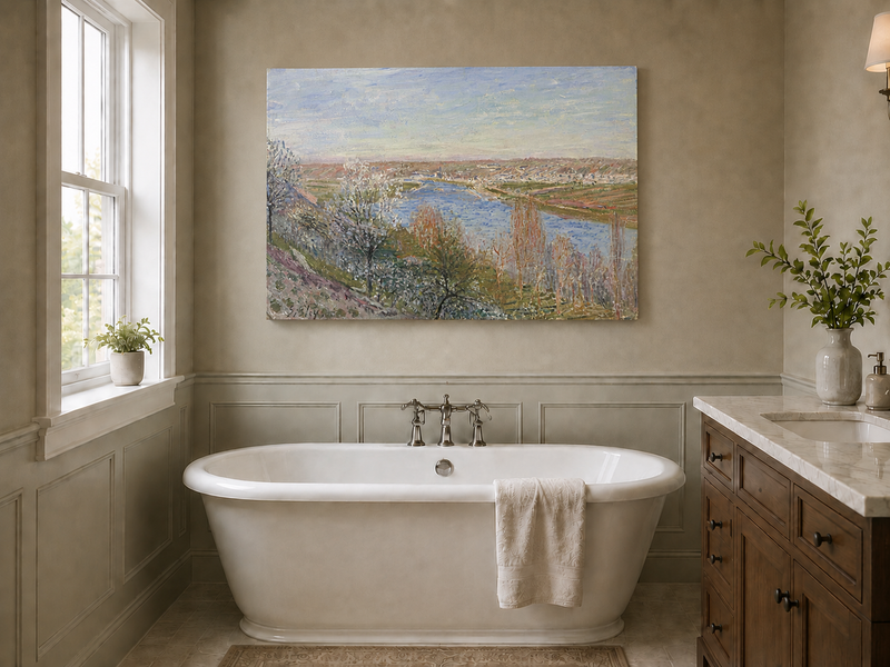 Landscape Oil Painting - Spring River Valley Blossoming Trees