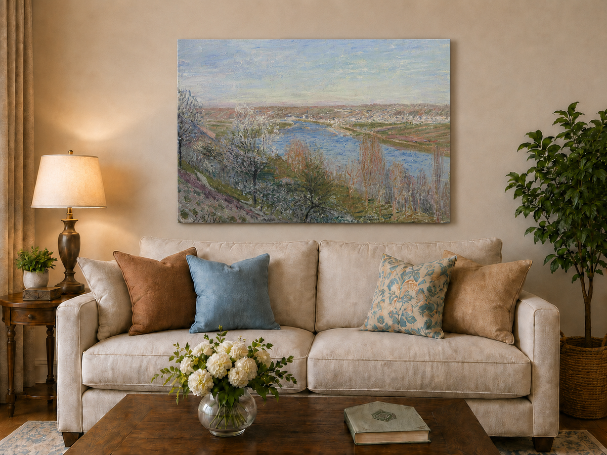 Landscape Oil Painting - Spring River Valley Blossoming Trees