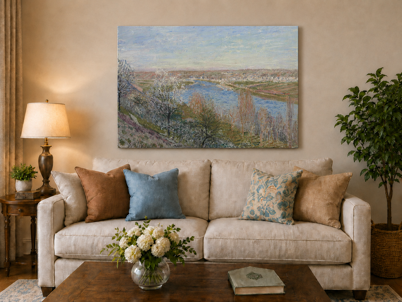 Landscape Oil Painting - Spring River Valley Blossoming Trees