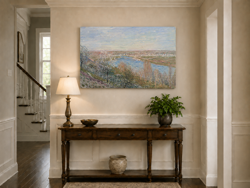 Landscape Oil Painting - Spring River Valley Blossoming Trees