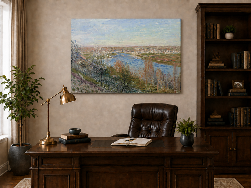 Landscape Oil Painting - Spring River Valley Blossoming Trees