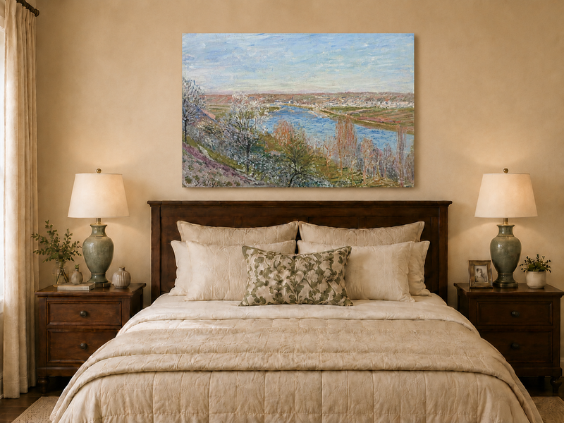 Landscape Oil Painting - Spring River Valley Blossoming Trees