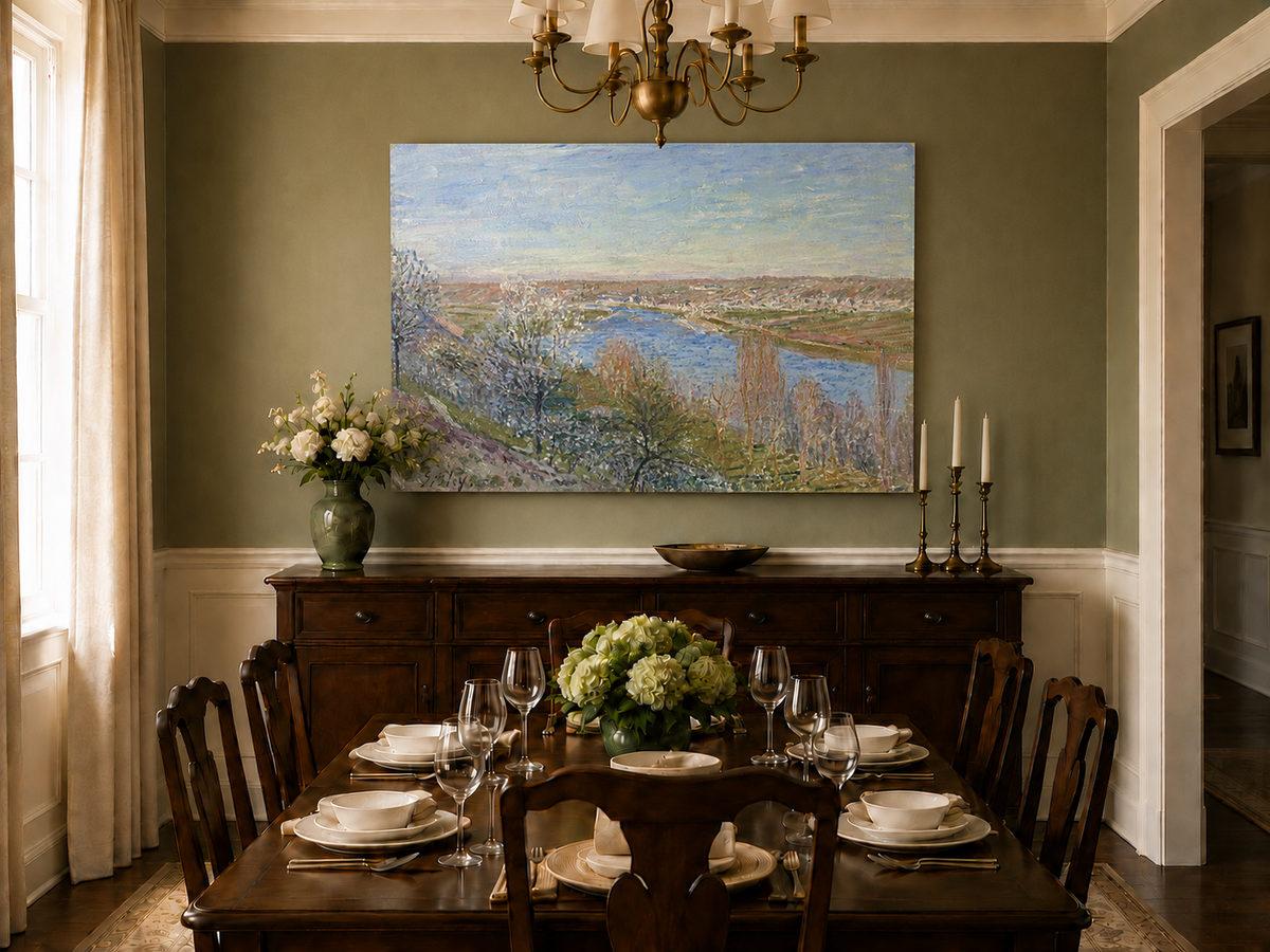 Landscape Oil Painting - Spring River Valley Blossoming Trees