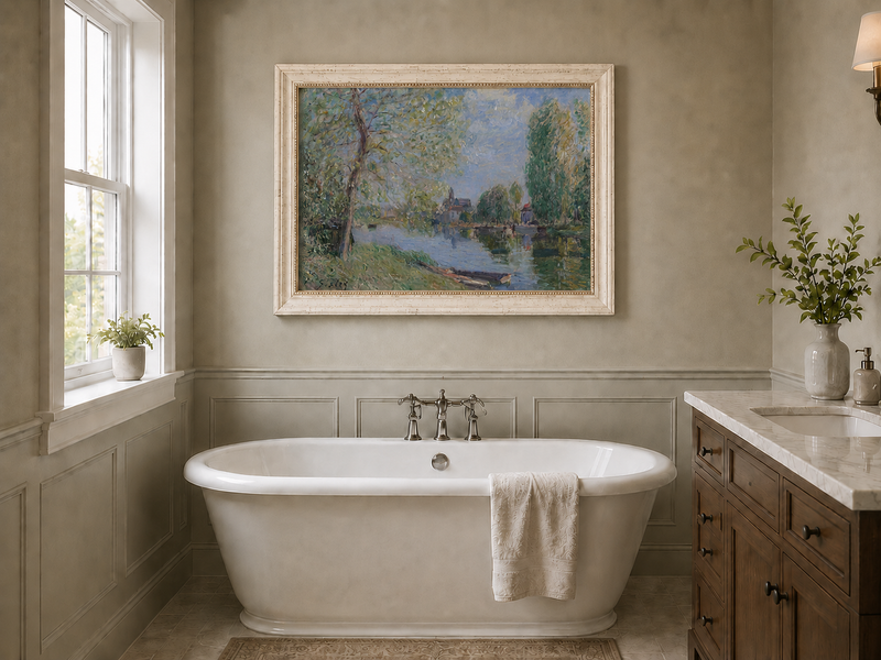 Landscape Oil Painting - Quiet River with Trees and Village View