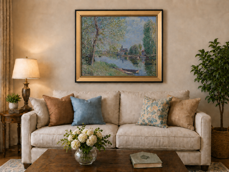Landscape Oil Painting - Quiet River with Trees and Village View