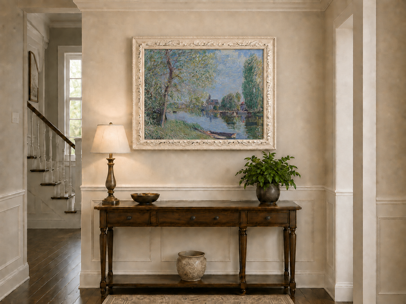 Landscape Oil Painting - Quiet River with Trees and Village View