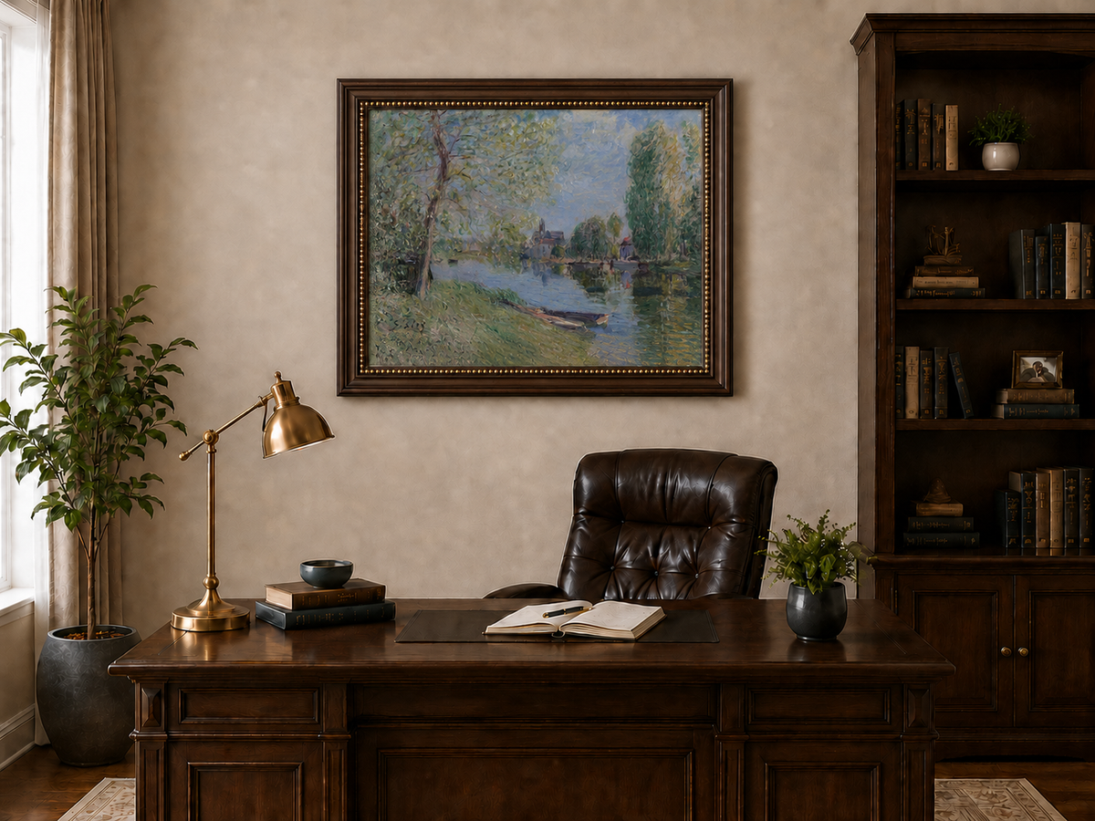 Landscape Oil Painting - Quiet River with Trees and Village View