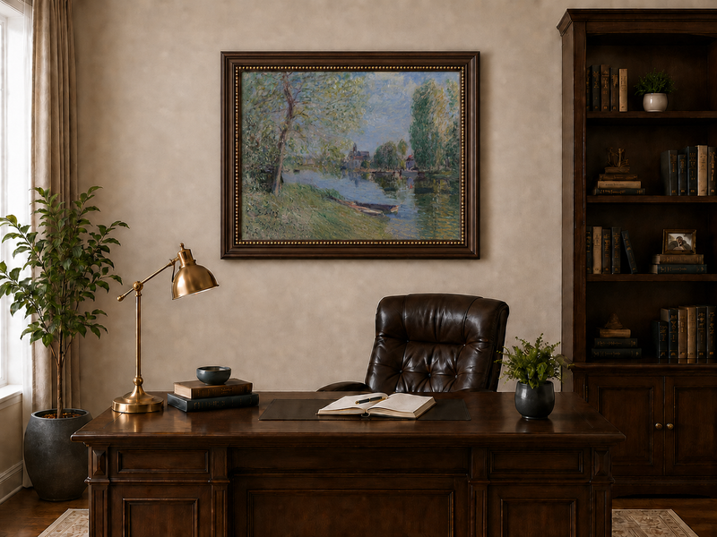 Landscape Oil Painting - Quiet River with Trees and Village View