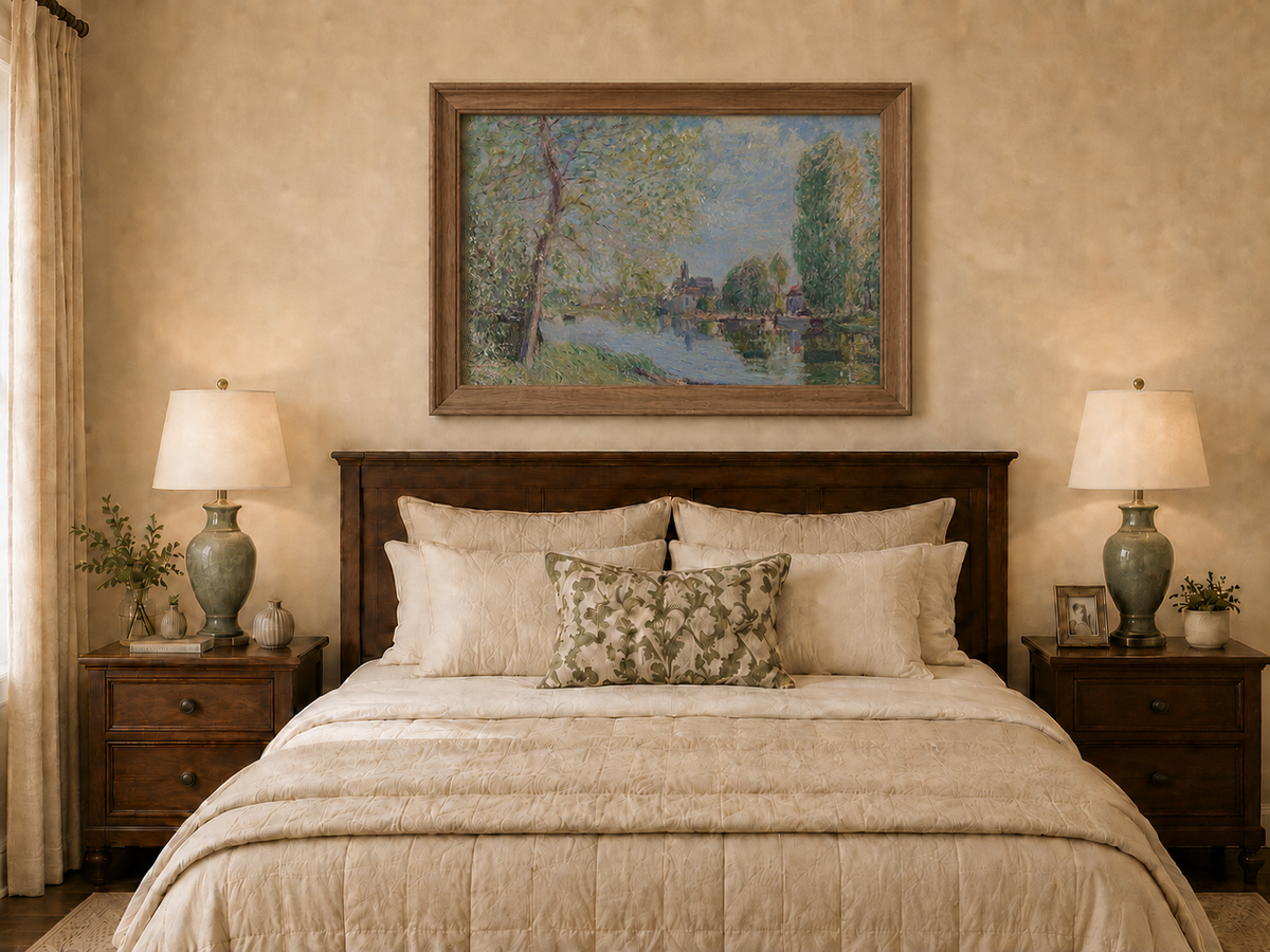 Landscape Oil Painting - Quiet River with Trees and Village View