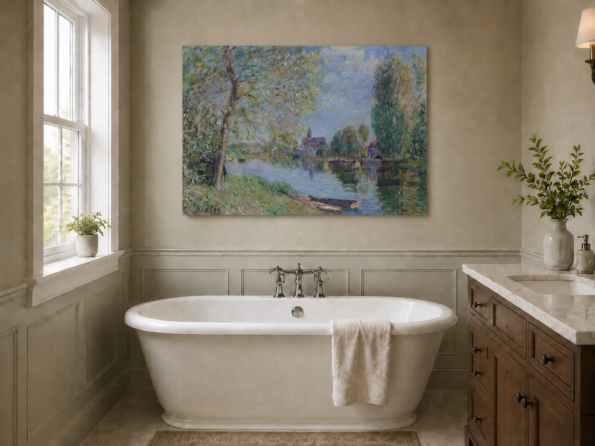 Landscape Oil Painting - Quiet River with Trees and Village View