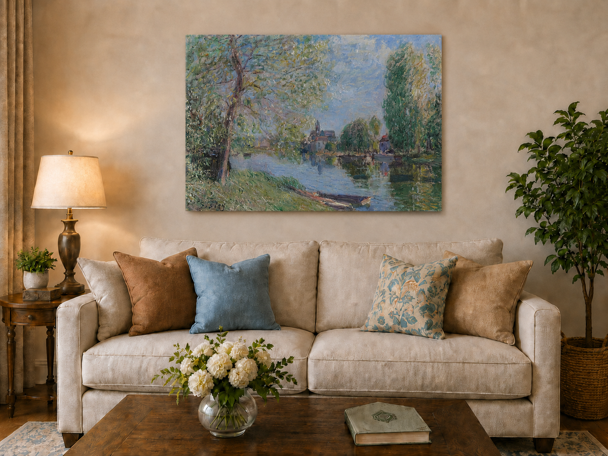 Landscape Oil Painting - Quiet River with Trees and Village View