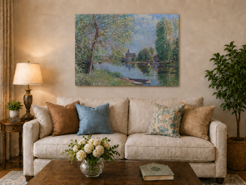 Landscape Oil Painting - Quiet River with Trees and Village View