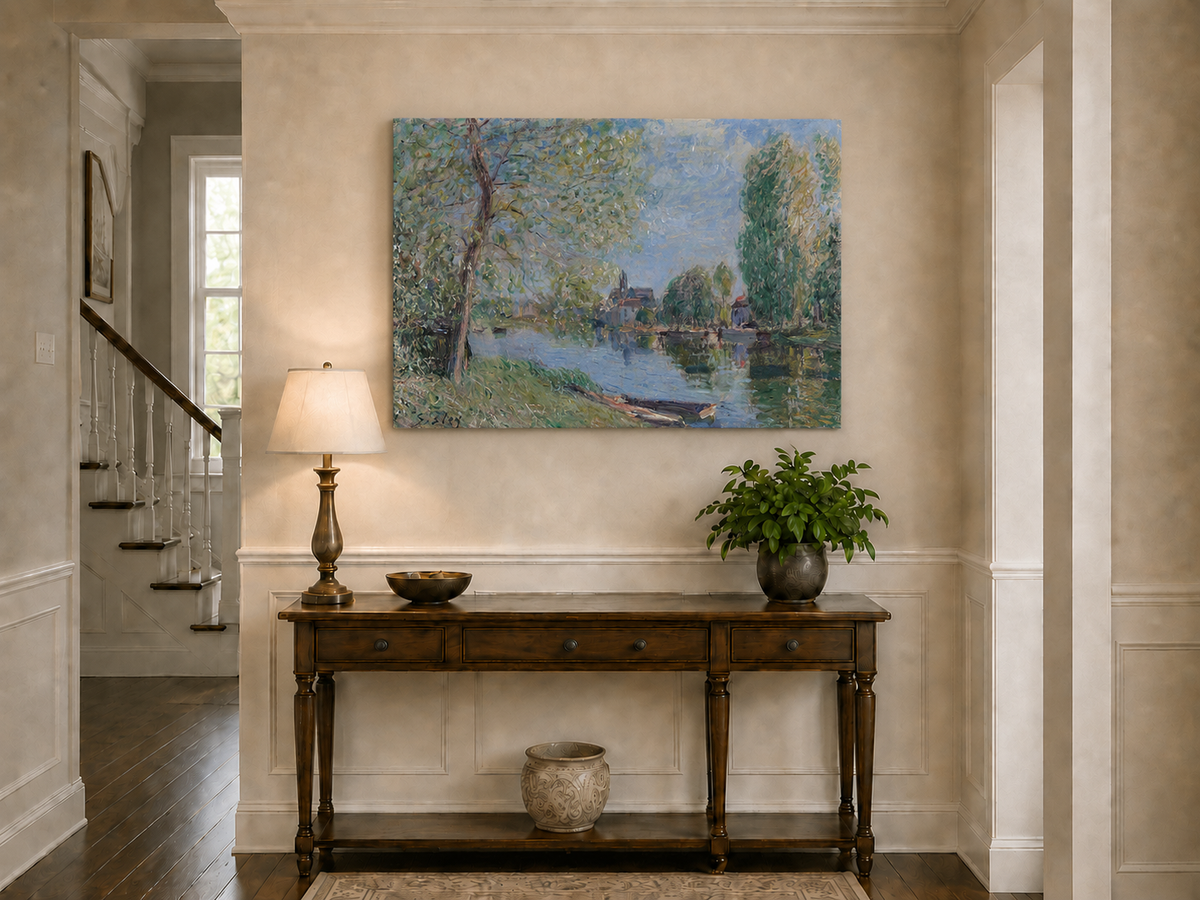 Landscape Oil Painting - Quiet River with Trees and Village View